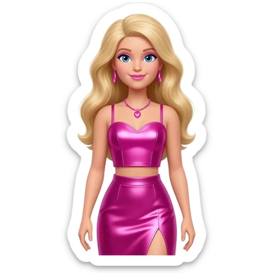 Barbie from Barbie and Friends with blue eyes, long blonde hair, hot pink metallic sweetheart crop top, hot pink metallic assymetrical long skirt, pink necklace and earrings sticker
