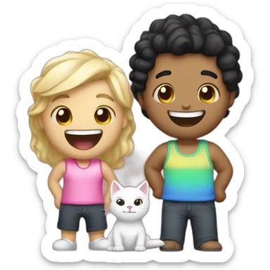 Gay male couple, 1 Latino black hair the other one Australian blonde hair with a cat in the middle laughing full body sticker