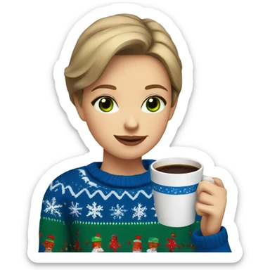 Light brown short haired girl with green eyes drinking coffee wearing blue Christmas sweater sticker