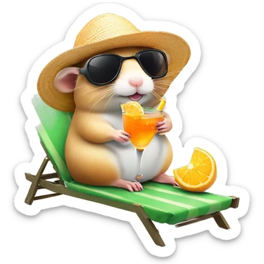 hamster with a sunhat and sunglasses drinking a coctail while laying in a sunbed sticker
