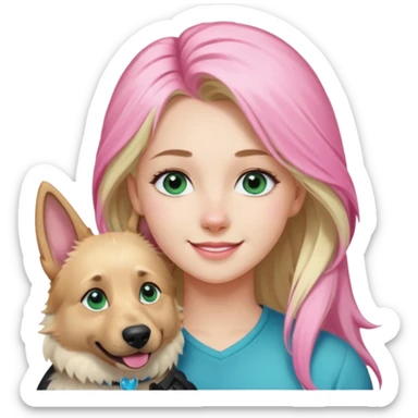 White European young woman with blue-green eyes and long blond hair with 1 pink streak in her hair with her white German Shepherd dog with pink nose and short fur sticker