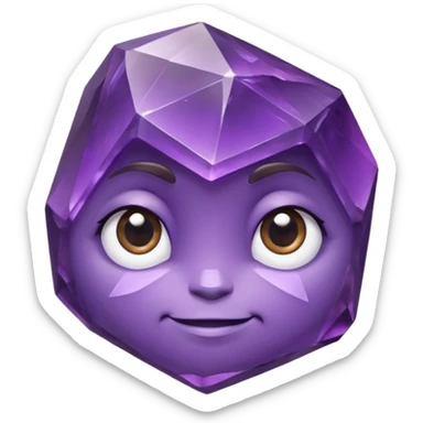 One amethyst-purple faceted rock head character, chunky and rock-like, with irregular facets and a few visible chips, big glossy eyes looking slightly up and a gentle smile, 3D render, high detail, soft rim light, isolated on dark background. sticker