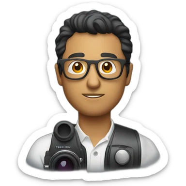 Latino film director with glasses holding a cinema camera sticker