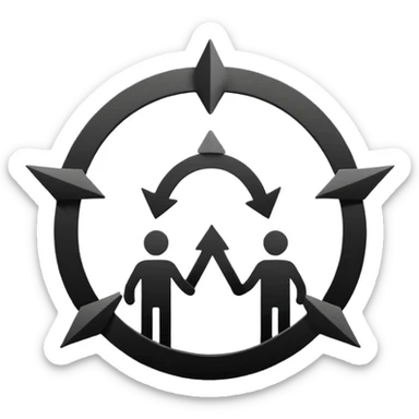 Minimalistic flat vector icon, iOS style, thin black contour on white background. Three people silhouettes connected by circular arrows, symbolizing Scrum teamwork. Clean, no text, no shadows sticker