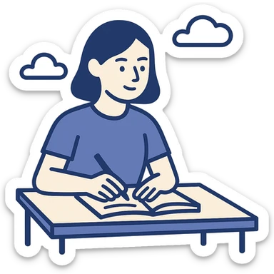 a student studying at a desk, simple flat color style sticker