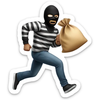 Robber running with striped shirt and black mask with moneybag sticker