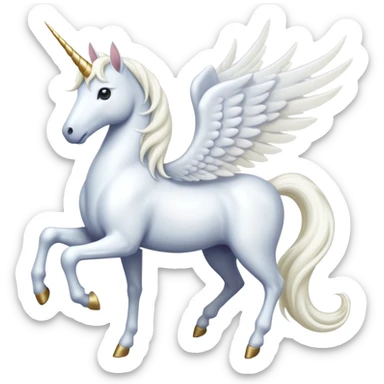 All white Cinematic Noble Unicorn with wings, slender with a flowing mane and tail and spiraled horn sticker