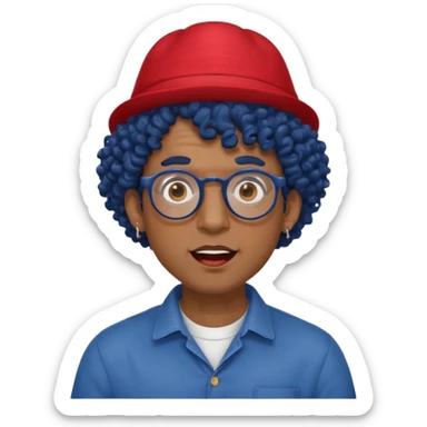 dark blue haired man curly hair and red earrings and spectacles surprised and hat wearing sticker