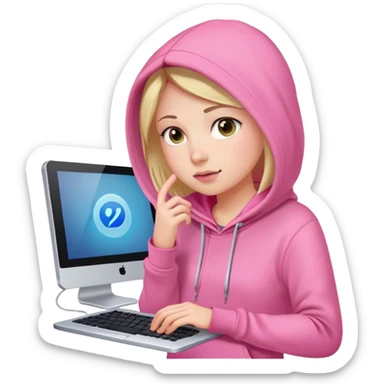 busy girl with computer in pink hoodie  sticker