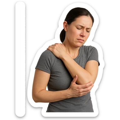 realistic woman with rigid posture massaging shoulder with hands, expression of discomfort, on white background sticker