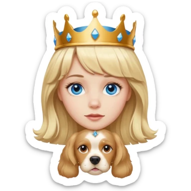 simple Blonde girl with bangs and blue eyes, and a simple crown. giving cockerspaniel energy head only sticker