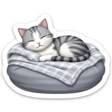 Cat sleeping in bed with blankets and pillows  sticker