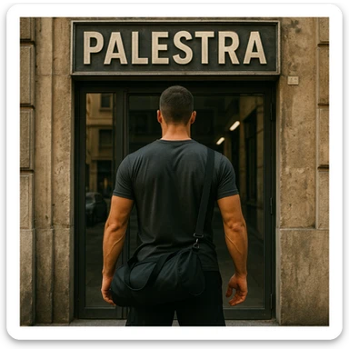 hyper realistic man seen from behind standing in front of a gym entrance with the sign 'Palestra', ready to enter, realistic details, motivating atmosphere, urban background sticker