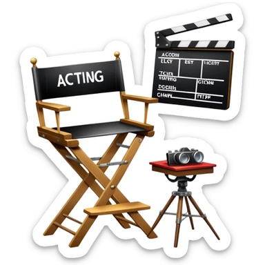 Icon for Acting: a theatrical mask, stage lights, a director’s chair, a script, a vintage film camera and a clapperboard, representing the craft of acting in theater and film. The design should reflect creativity, performance, and storytelling. Transparent background. sticker