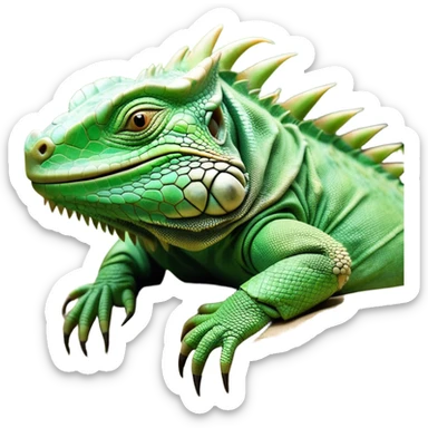 Meme-Worthy Cute Sleeping Iguana Portrait Emoji, Head resting peacefully with a contented smile, showcasing a solid, textured body with a subdued spiky crest and eyes gently closed in serene slumber, Simplified yet adorably endearing features, highly detailed, glowing with a soft, drowsy jungle light, high shine, relaxed and utterly lovable, stylized with an air of playful laziness, soft glowing outline, capturing the essence of a sleeping iguana that feels destined to become the next viral icon of adorable rest! sticker
