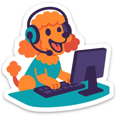 energetic and fun poodle dog with gaming headset sitting at a computer, cartoon style sticker