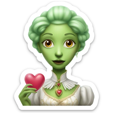 a green amazon alien woman in Victorian white gold, pink hair full body,holdig, red big hearth sticker