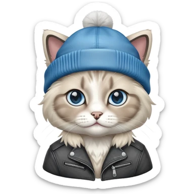 Ragdoll cat wearing a leather jacket and a beanie sticker