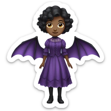 black short haired girl with a purple victorian dress that has bat wings sticker