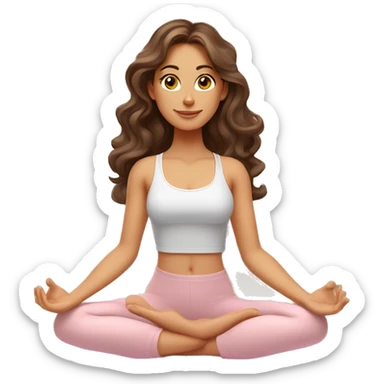 Brunette long curled hair and hazel eyes yoga beautiful girl in light pink clothes sitting on a yoga mat sticker