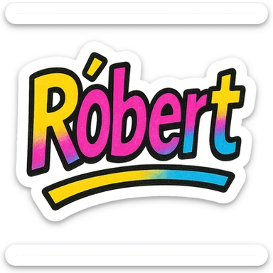 The name 'Róbert' in a modern, colorful gradient font with a dark outline, dynamic, slanted or partial underline, in the style of reference patterns. sticker