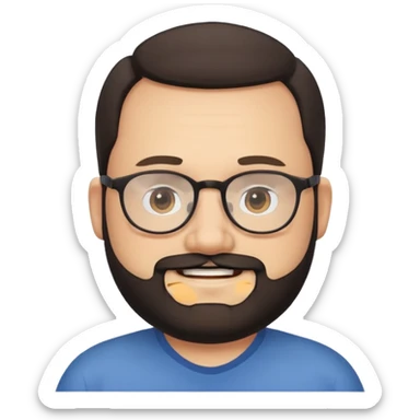 receding hairline, chubby face, with glasses and black beard sticker