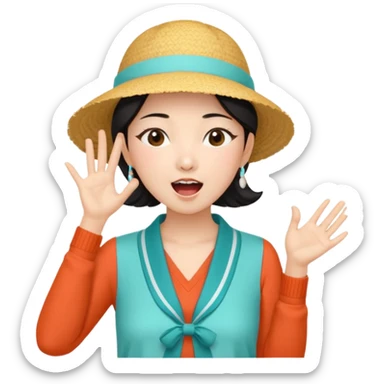 밝고 들뜬 표정의 20대 한국 여자, 여름 옷차림, 두 손을 입 근처에 두고 외치는 듯한 포즈. 민트색 배경, 유쾌한 광고 포스터 느낌, MZ 감성.

휴양용 옷차림 sticker