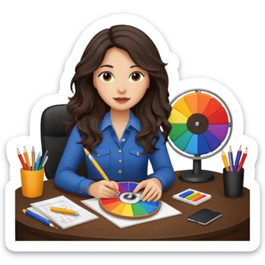 female dark wavy long hair graphic designer , holding color wheel , pens, papers, desktop sticker