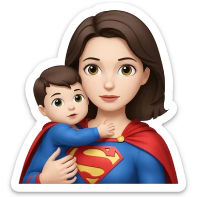mother white skin brunette dressed as Superman with a cape holding a baby sticker
