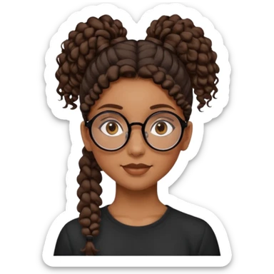 chica morena de ojos claros con gafas negras exagonales redondeadas. y pelo rizado castaño con todo el pelo recogido en una coleta .. Con todo el pelo recogido un clen look solamente una coleta tiene 16 años. hazlo como la segunda imagen pero sin el moño sticker