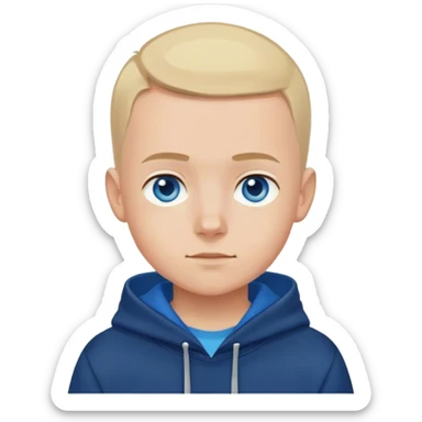 Boy with blue eyes, light hair, buzz cut,  in dark blue hoodie  sticker