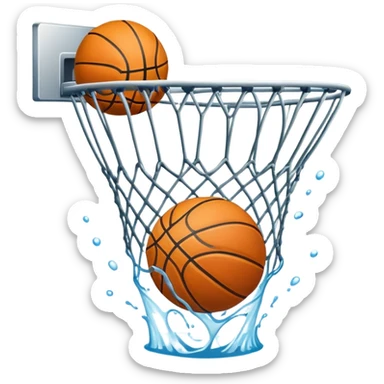 Basketball with net creating a splash effect as ball goes through, water-like net, iOS emoji style sticker