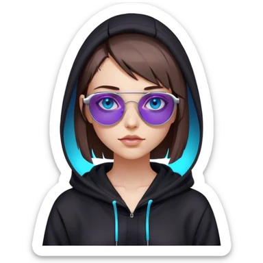 
girl with brown bob and blue eyes in a black hoodie and sunglasses. Cyberpunk style. Violet neon. sticker