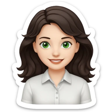 A White girl with wavy and dark hair, dark green eyes and a white shirt smiling sticker