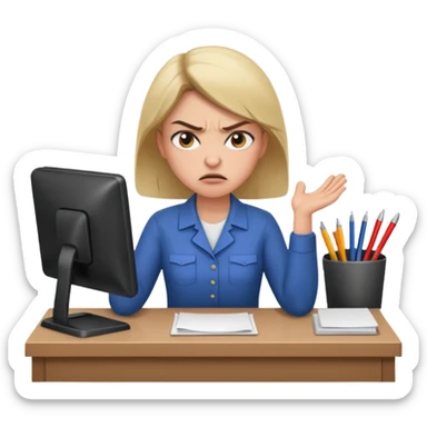 Annoyed/angry worker (female) working at a desk sticker