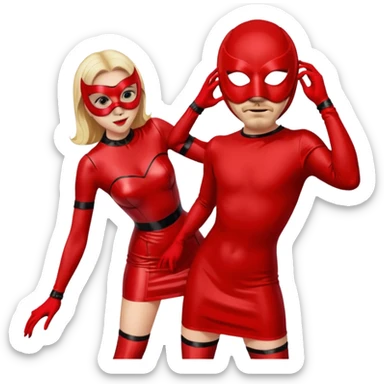 Woman in short red latex dress bent over in front of masked man sticker