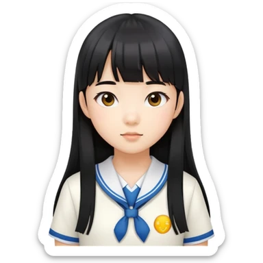 young Asian girl in school uniform, long straight black hair with straight bangs sticker