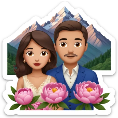 Couple traveling in Montenegro russian man and elegant  Latina girl delicate peonies and mountains in the background  sticker