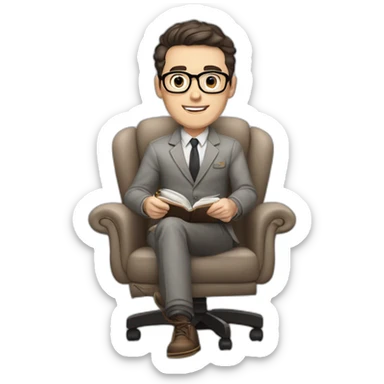Pale skinned Fit Man With dark brown hair in gray jacket, beige office shirt and vintage glasses sitting In a soft chair with a notebook with emblem Ψ and a pen in his hands sticker