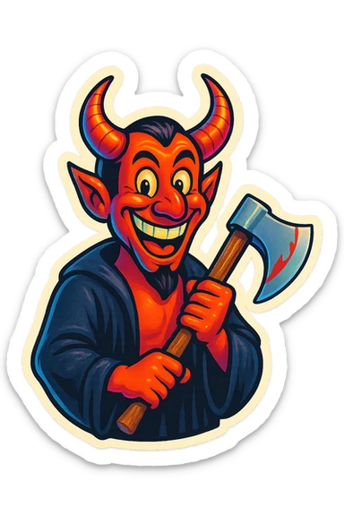 Change the satanic figure to look happy and funny, with a Joker-inspired big smile and a goofy, playful face. Keep the axe, use bright, whimsical colors. sticker