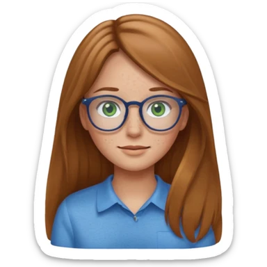 Create an emoji of a girl with light brown hair long length hair, green eyes, freckles, glasses and wearing a blue shirt sticker