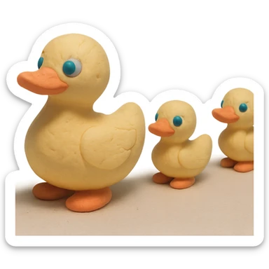 mother duck with ducklings following her, playful and cute, pastel colors, visible fingerprints, claymation style sticker