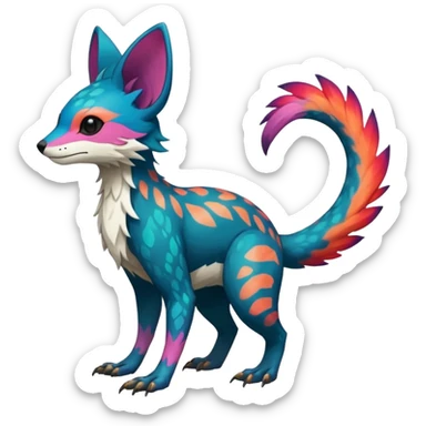 Rare realistic exotic edgy epic pretty beautiful handsome gorgeous aesthetic colorful vibrant Vernid-Trico-species-Fakemon-creature by LiLaiRa, 4 legs, 1 tail, random markings, (full body) sticker