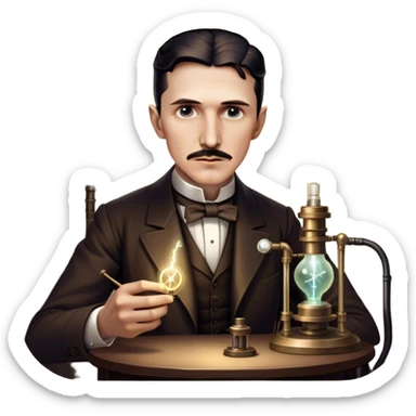 Nikola Tesla – Cinematic Realistic Portrait of Nikola Tesla, depicted as a visionary inventor with intense, thoughtful eyes and period attire, surrounded by subtle arcs of electric light and early laboratory apparatus, rendered with dramatic lighting that evokes mystery and innovation. sticker