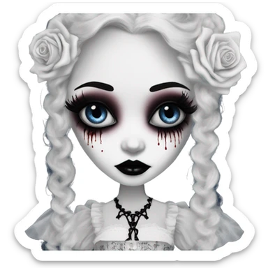 tim burton corpse bride, porcelain doll with a cracked face, goth makeup watery eyes, long hair, lace and ruffles, lolita style, inked, black and white, red roses sticker