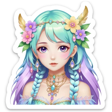 Beautiful gorgeous anime lady with beautiful iridescent-special-hair, fashion aesthetic, ethereal, fairycore, pastelcore, feather, flower, gems, accessories, jewelries, gold, colorful sticker