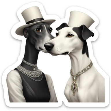 Two aristocrat dog black and white galgo kiss with women  sticker