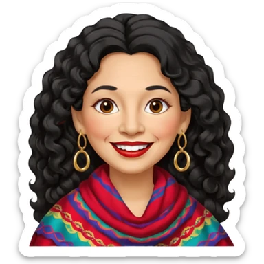 60 yr old peruvian woman, slightly chubby, wavy/curly long black hair, red lipstick, big smile, white teeth, brown eyes, hoop earings, side part to hair, round face sticker