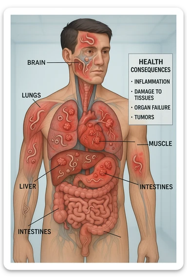 a semi-transparent view of a man’s body reveals numerous parasitic organisms inside his organs and tissues. Some areas are highlighted with red or inflamed zones, and small tumor-like masses are visible where the parasites cluster. The background is clinical and educational, with labels pointing to affected organs and a sidebar showing the health consequences. sticker