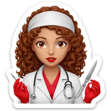 Scary woman scalpel in hand, evil surgeon sexy surgeon clothes.  She has red eyes. Her  brown long curly hair. Wears sexy doctor outfit with red gloves. Only uses red bandanna  to hide her face mouth with red bandana to hide her identity sticker